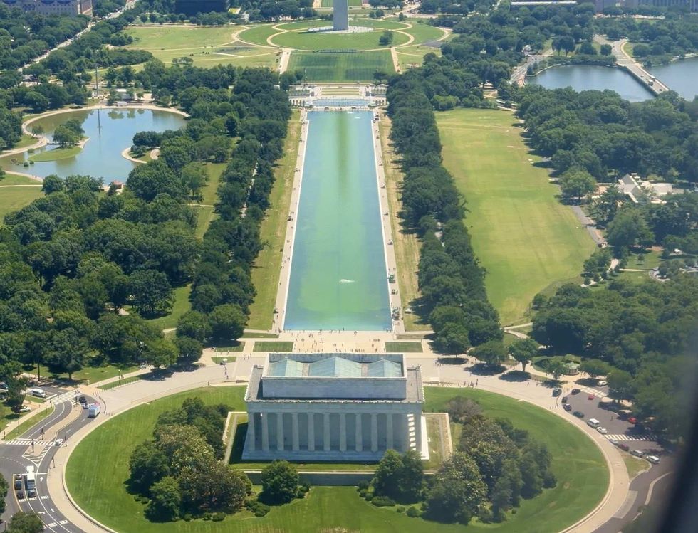 Aerial shot of the Reflecting Pool post use of hydrogen peroxide