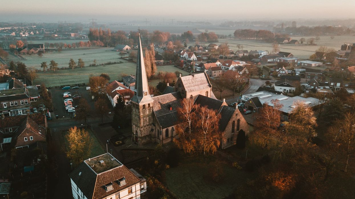 Aerial view of a church in a small town