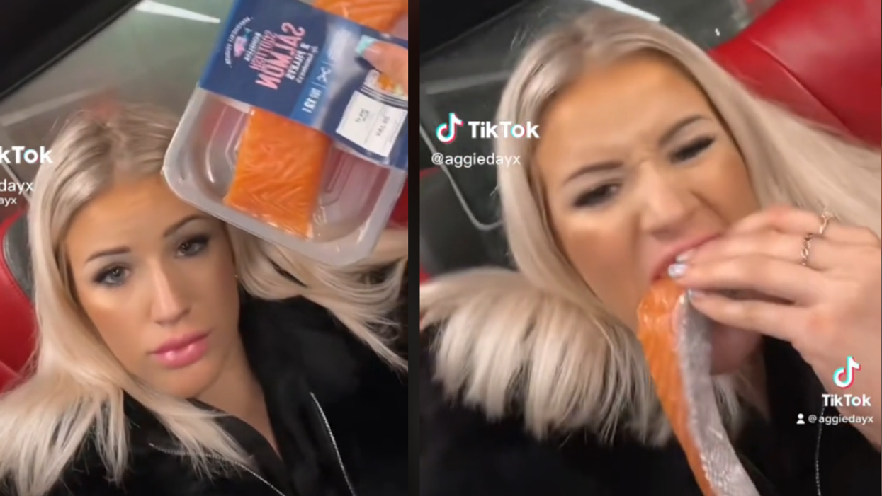 @aggiedayx eating raw salmon in TikTok video