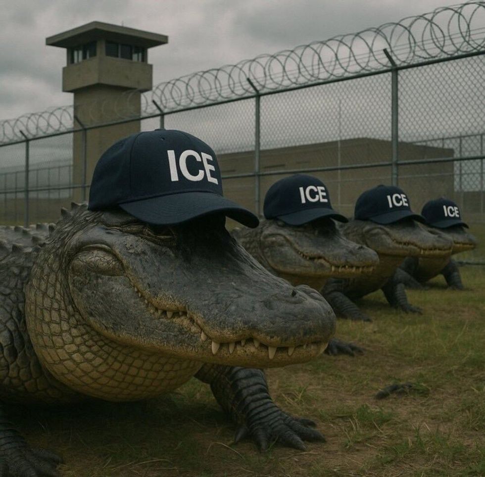 AI-generated image of alligators wearing ICE hats