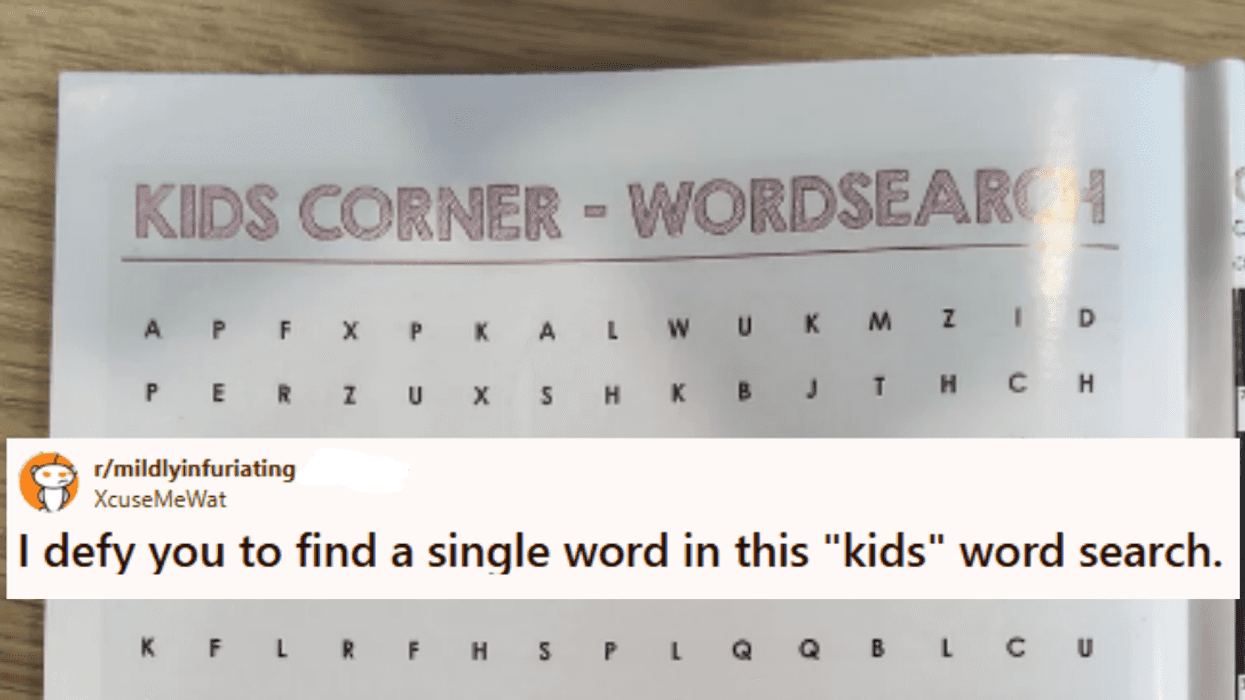 AI-generated word search for kids; post by Redditor XcuseMeWat