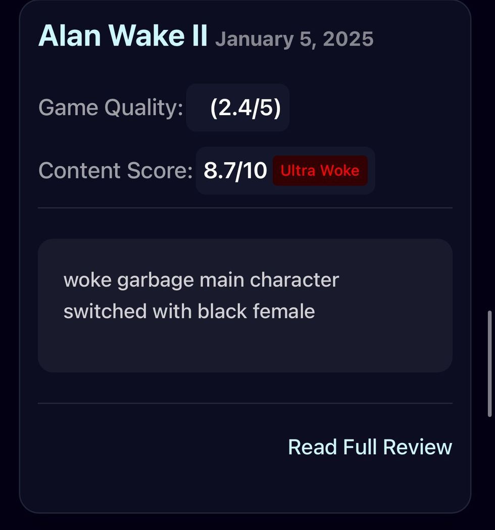 Alan Wake II rating by DEI Watchdog