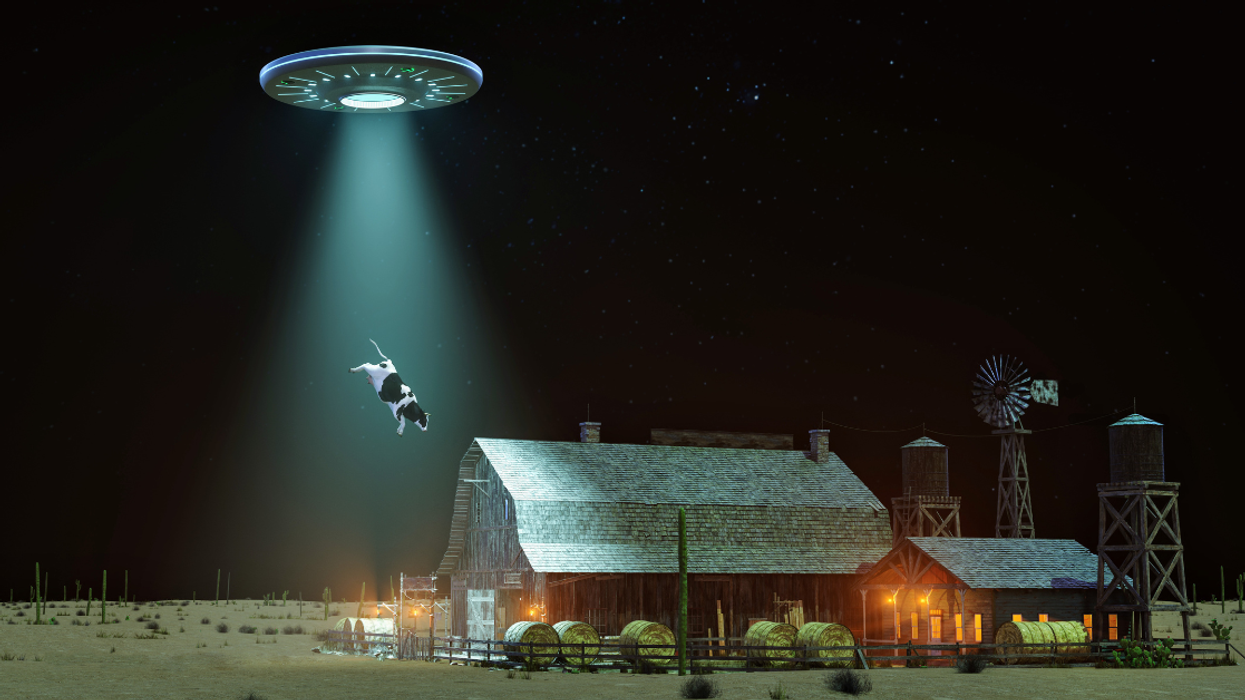 alien spaceship abducting a cow