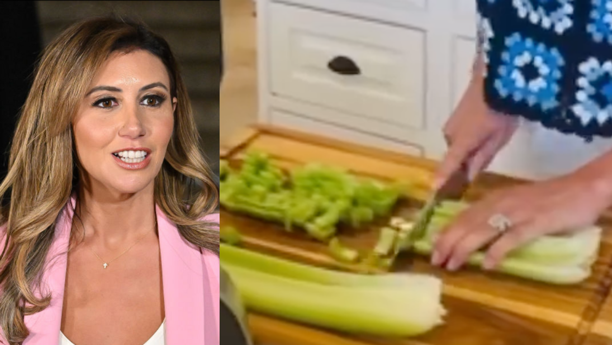 Alina Habba; Screenshot of Alina Habba cutting celery