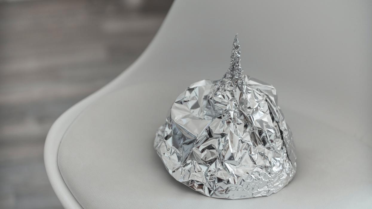 Aluminum foil hat on a chair