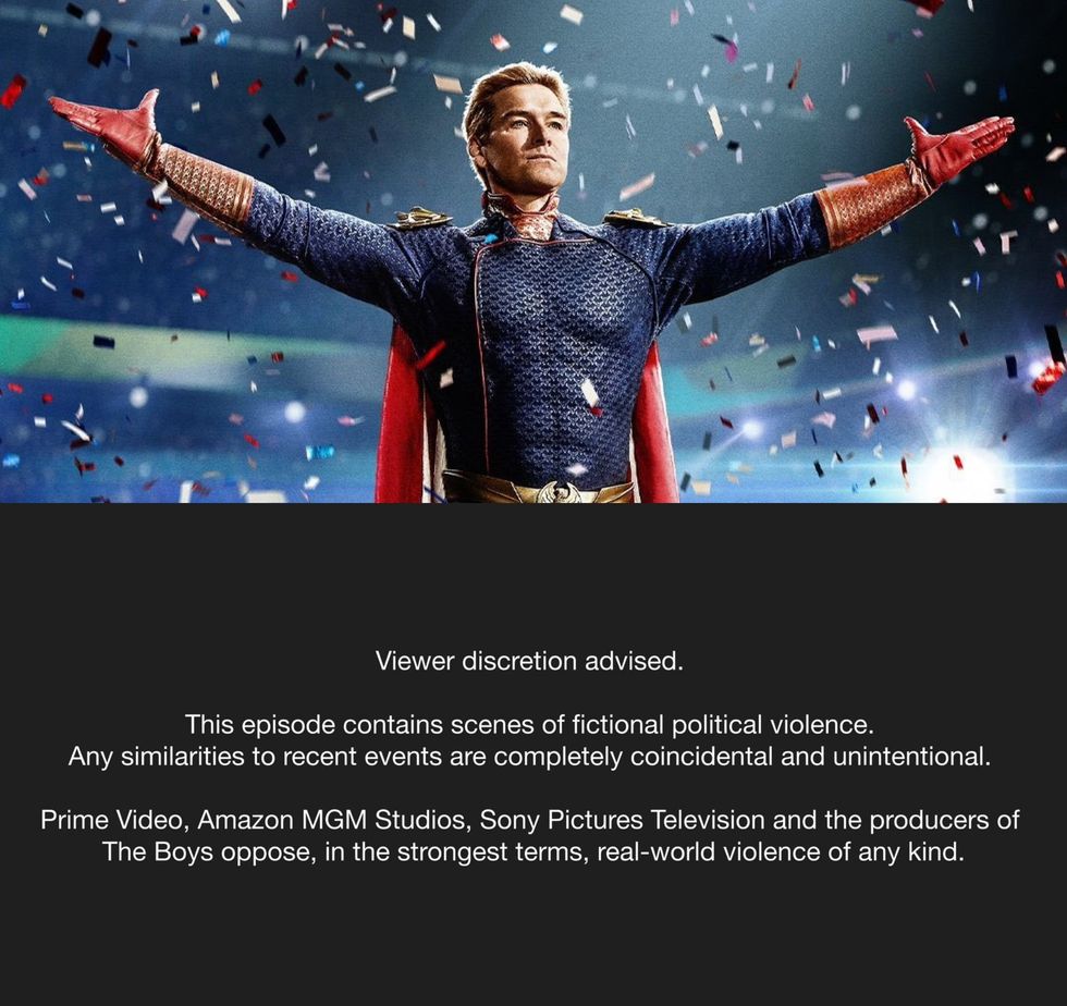 Amazon Prime Video's content disclaimer for "The Boys"