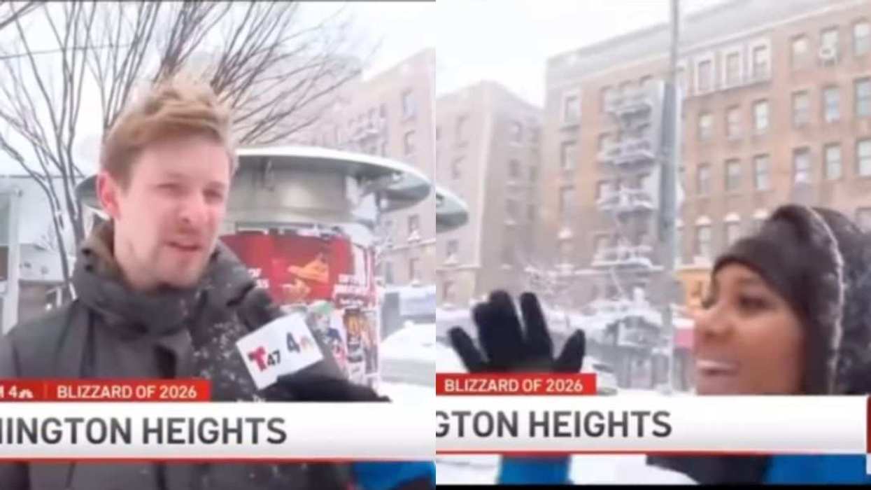 An NBC 4 New York reporter interviews a Washington Heights resident during the 2026 blizzard.
