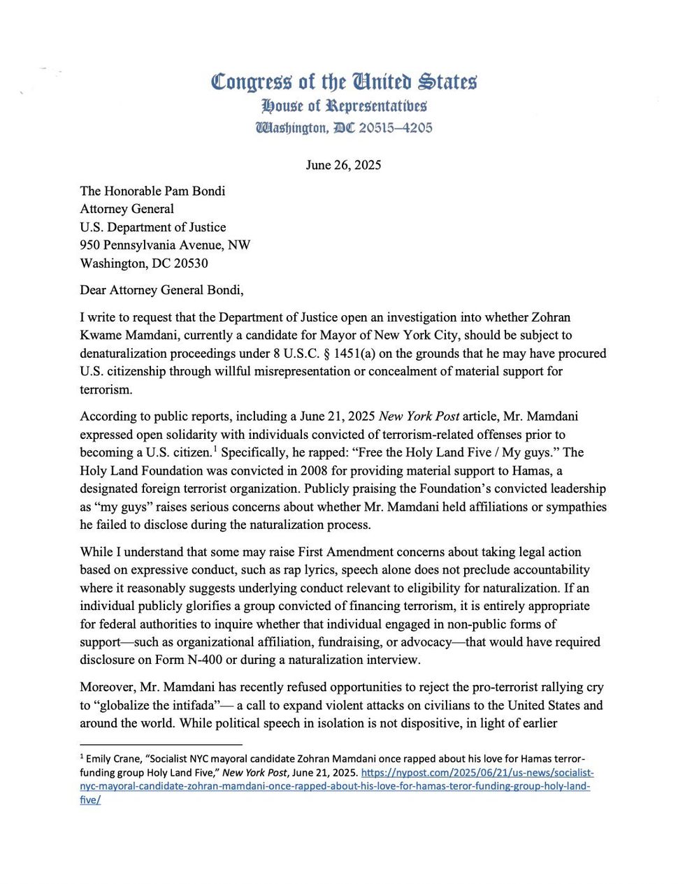 Andy Ogles' letter to Pam Bondi