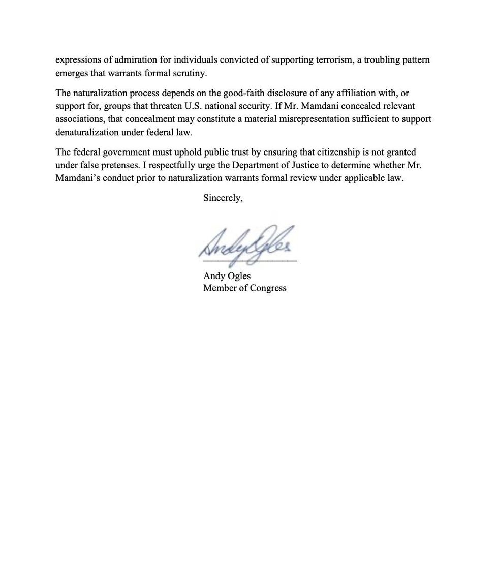 Andy Ogles' letter to Pam Bondi