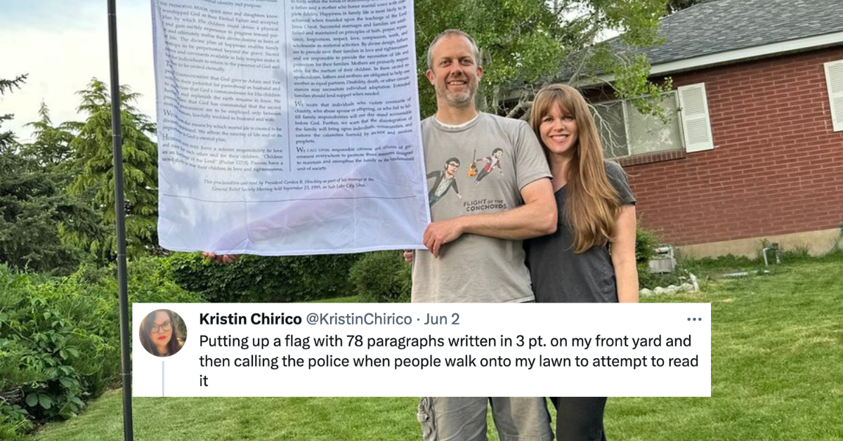 April Despain's flag and a tweet reaction