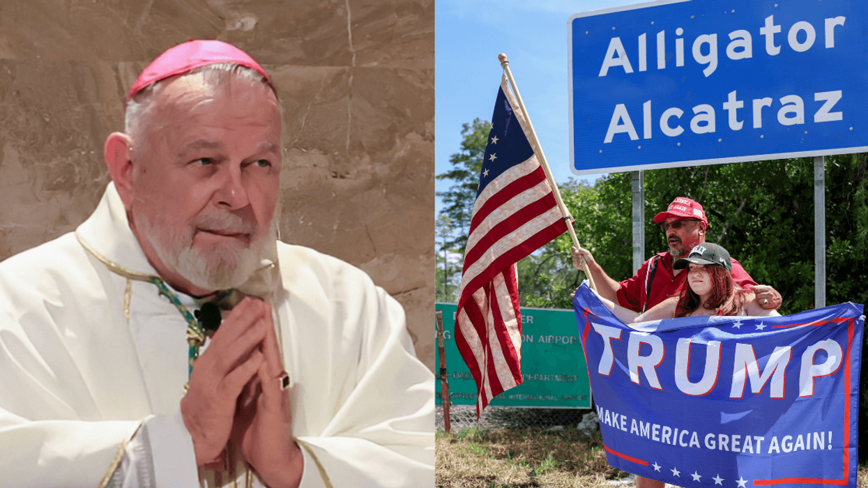 Archbishop Thomas Wenski; David and Rena Mourer visit the entrance to "Alligator Alcatraz"