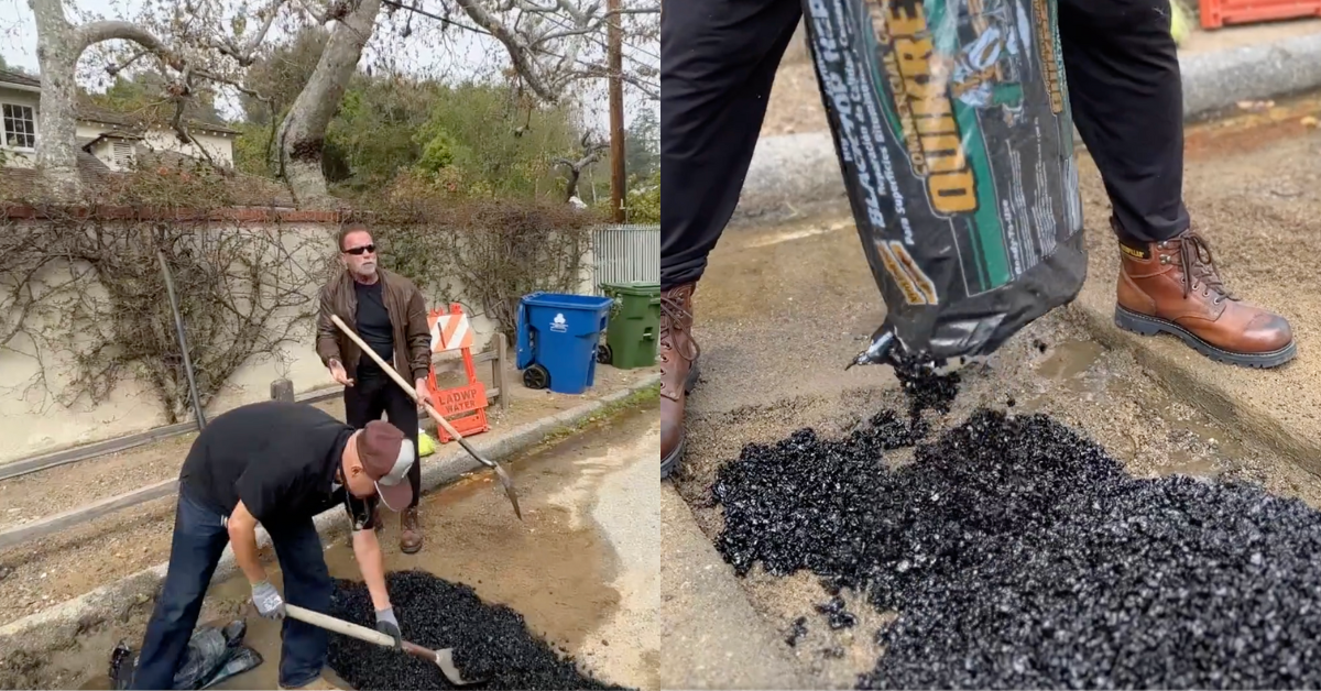 Arnold Schwarzenegger patches pavement in his Brentwood, California neighborhood