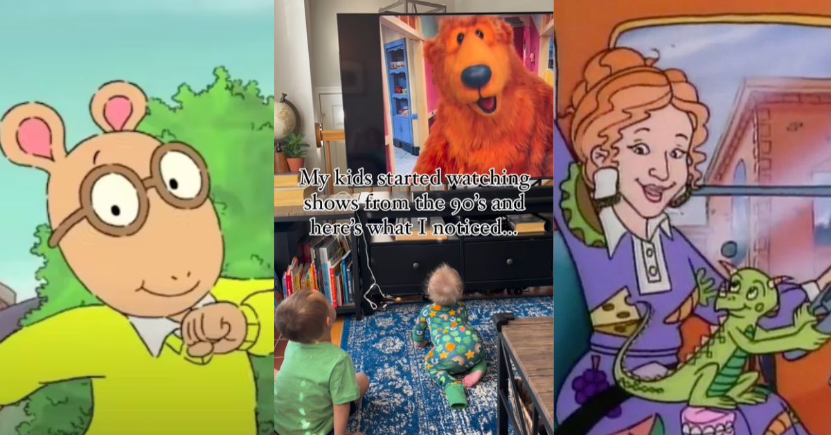 Arthur from 'Arthur'; screenshot from TikTok of kids watching TV; Ms. Frizzle from 'Magic School Bus'