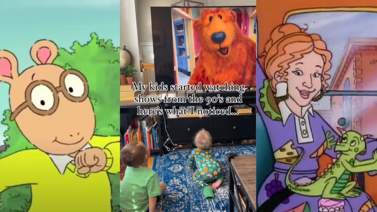 Arthur from 'Arthur'; screenshot from TikTok of kids watching TV; Ms. Frizzle from 'Magic School Bus'