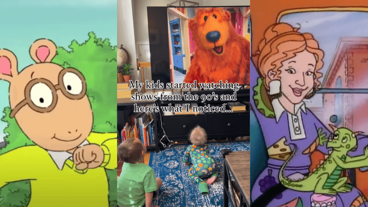 Arthur from 'Arthur'; screenshot from TikTok of kids watching TV; Ms. Frizzle from 'Magic School Bus'
