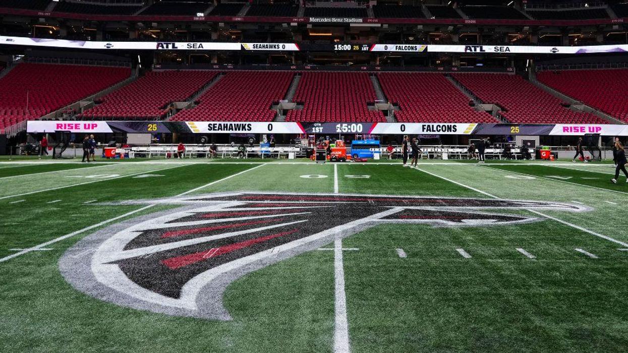 Atlanta Falcons logo prior to an NFL football game with the Seattle Seahawks at Mercedes-Benz Stadium.