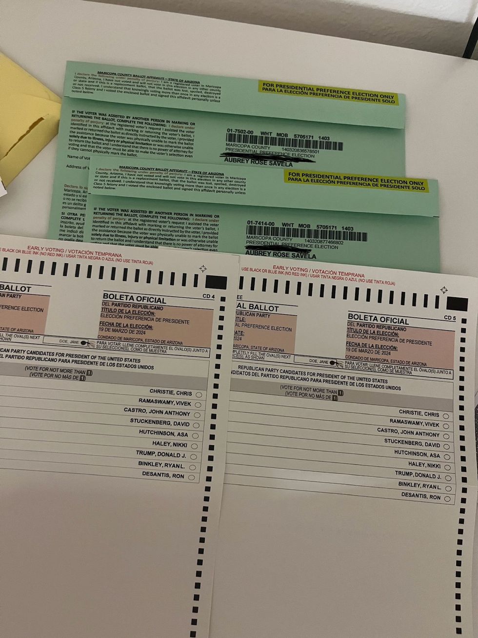Aubrey Savela's two mail-in ballots