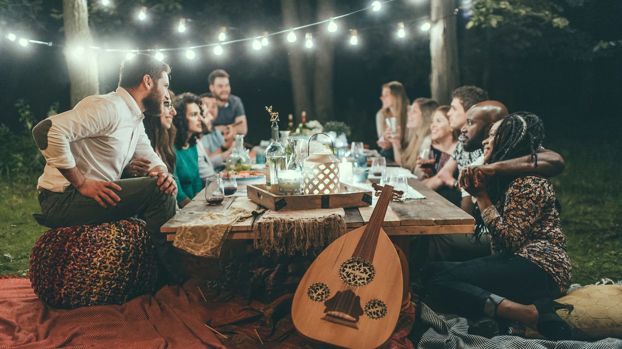 Backyard family dinner with instruments