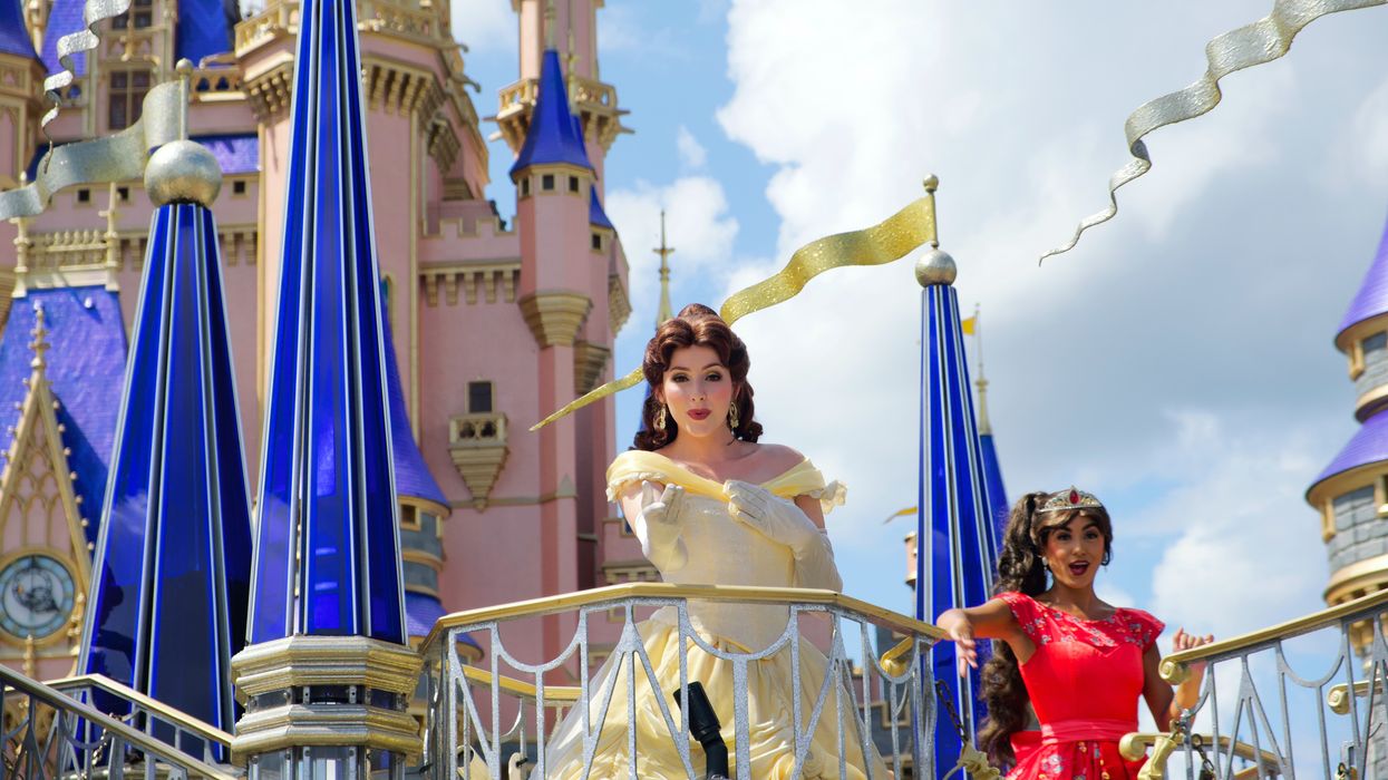 Belle and Princess Elena face characters at Disney World