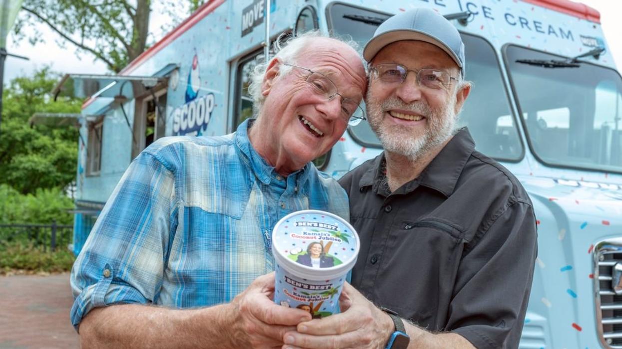 Ben Cohen and Jerry Greenfield, co-founders of Ben & Jerry’s, partnered with MoveOn to hand out free ice cream in Philadelphia.