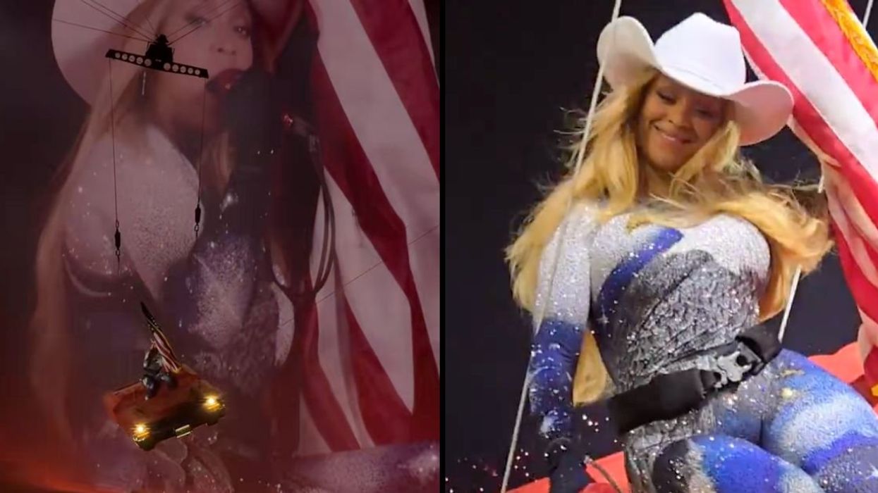 Beyonce defying gravity in a mid-air technical malfunction on a flying car during her performance of "16 Carriages."