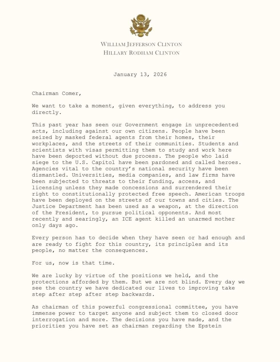Bill and Hillary Clinton's letter to James Comey page 1