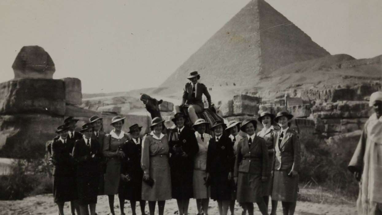 Black and white photo, Group at the Pyramids, Egypt, Sister Isabel Erskine Plante, World War II, circa 1942