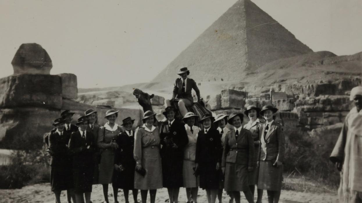 Black and white photo, Group at the Pyramids, Egypt, Sister Isabel Erskine Plante, World War II, circa 1942