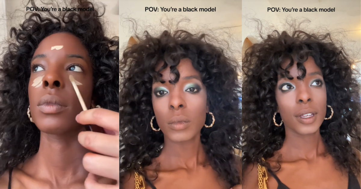 Black model given white foundation makeup