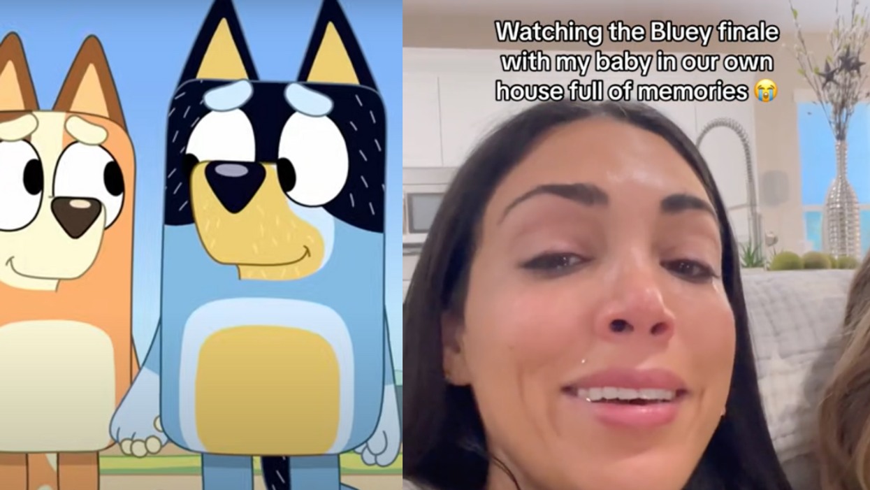 Bluey screenshot; TikTok screenshot of crying woman