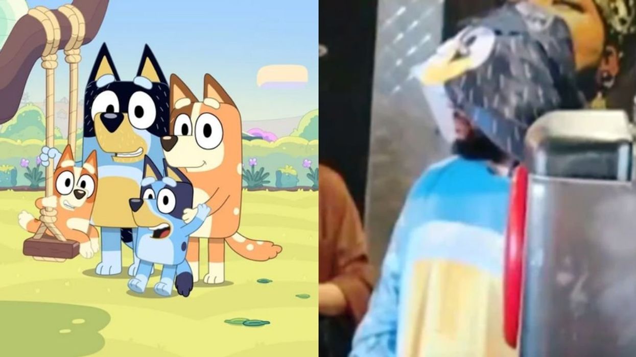 Bluey with family; man in "Bluey" costume