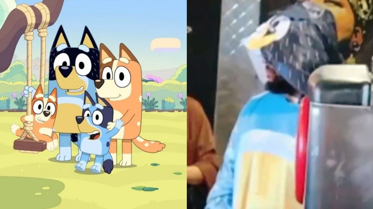 Bluey with family; man in "Bluey" costume