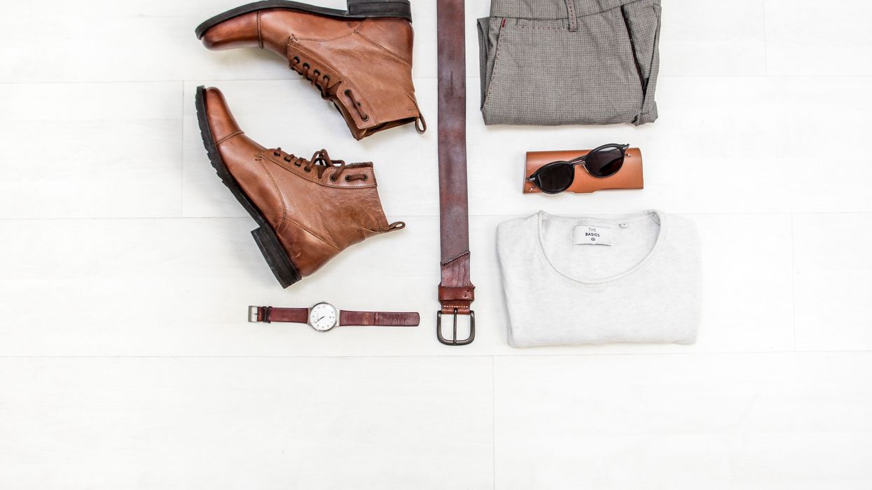 Boots, watch, belt, pants, shirt and sunglasses