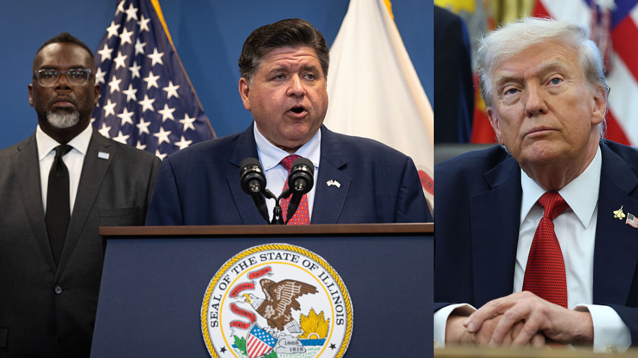 Brandon Johnson and JB Pritzker; Donald Trump