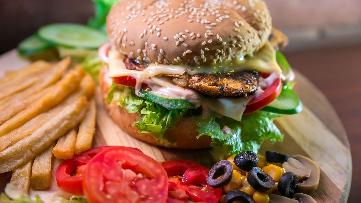 Burger and fries on plate