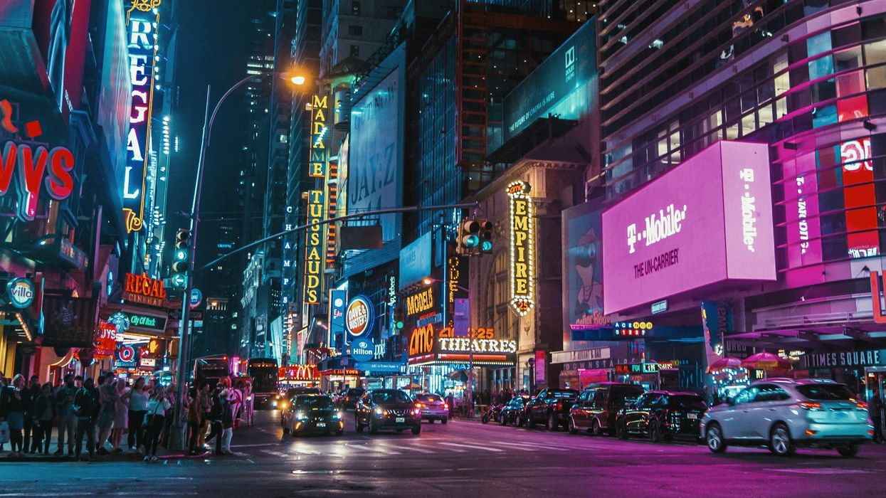 Busy city view with brands and companies