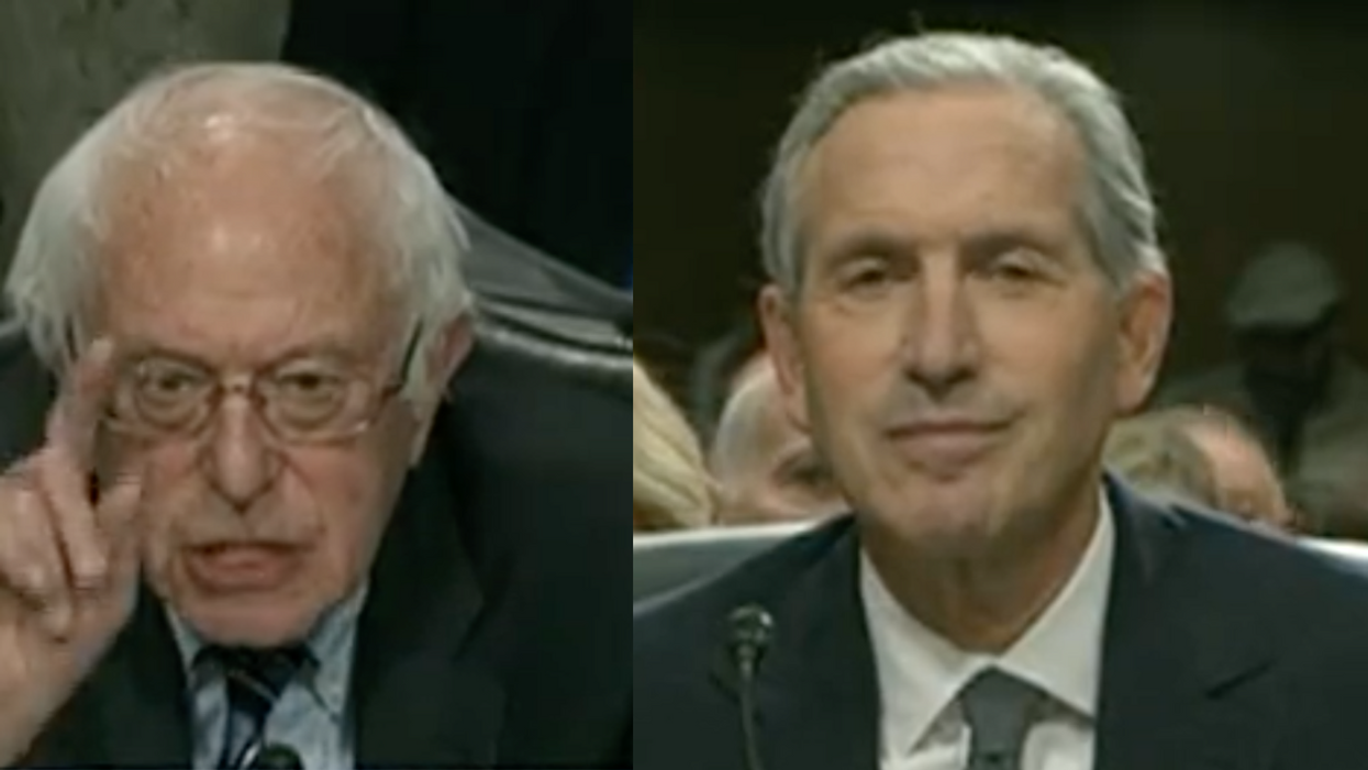 C-SPAN 3 screenshot of Bernie Sanders; C-SPAN 3 screenshot of Howard Schultz