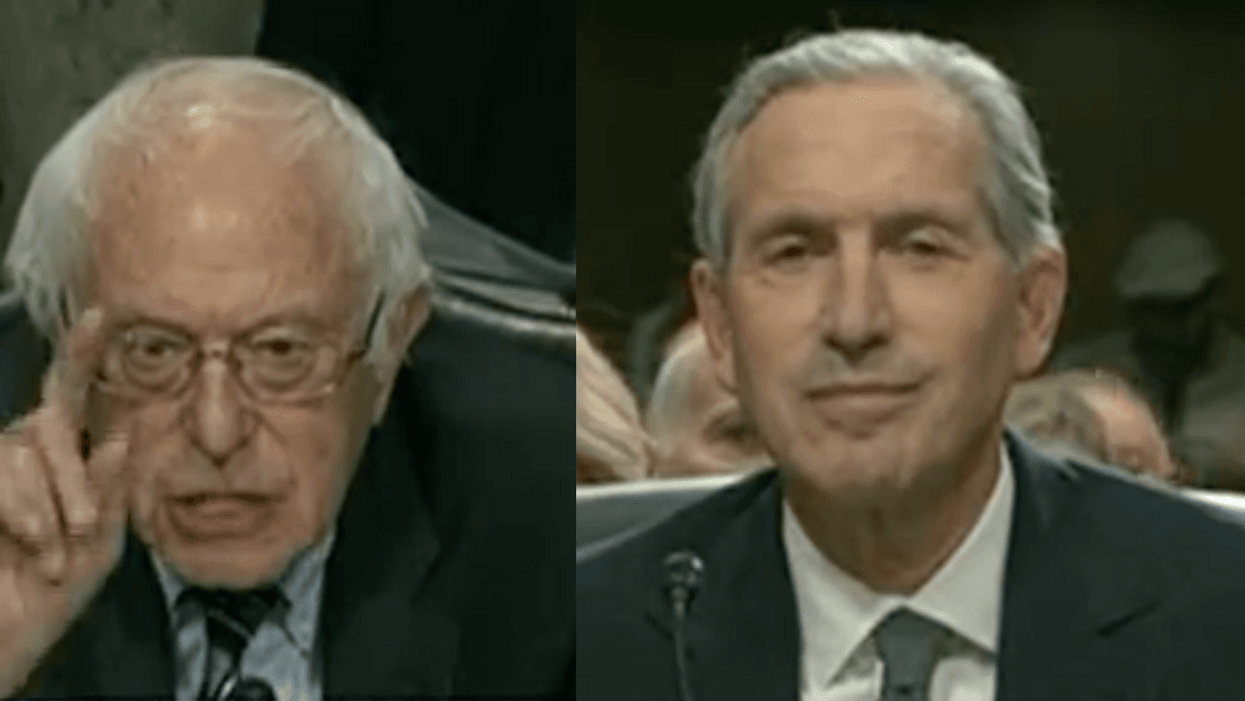 C-SPAN 3 screenshot of Bernie Sanders; C-SPAN 3 screenshot of Howard Schultz