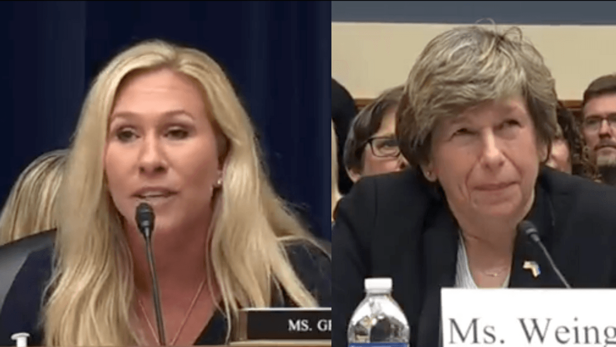 C-SPAN 3 screenshot of Marjorie Taylor Greene; C-SPAN 3 screenshot of Randi Weingarten