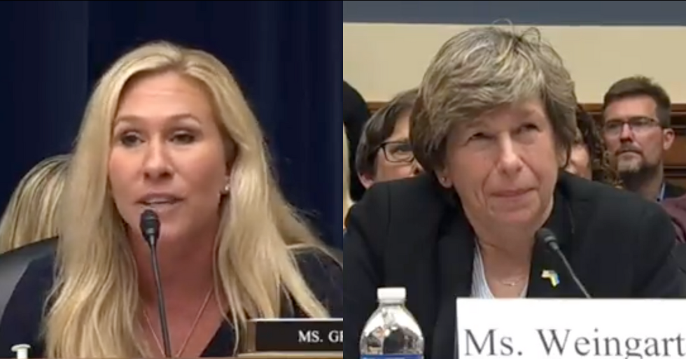 C-SPAN 3 screenshot of Marjorie Taylor Greene; C-SPAN 3 screenshot of Randi Weingarten