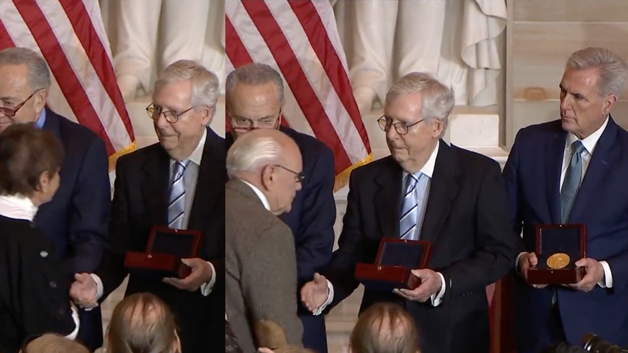 C-SPAN screenshots of Mitch McConnell and Kevin McCarthy being snubbed at Congressional Gold Medal ceremony