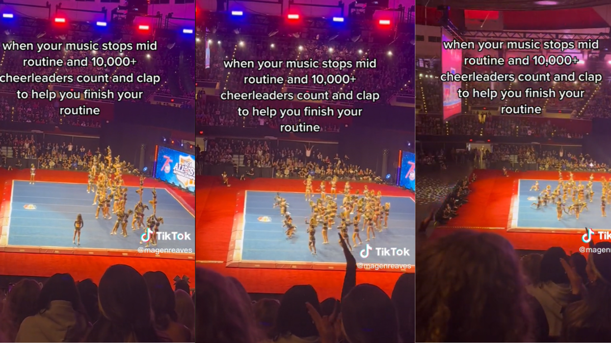 Cheerleaders supporting each other after music during competition turned off