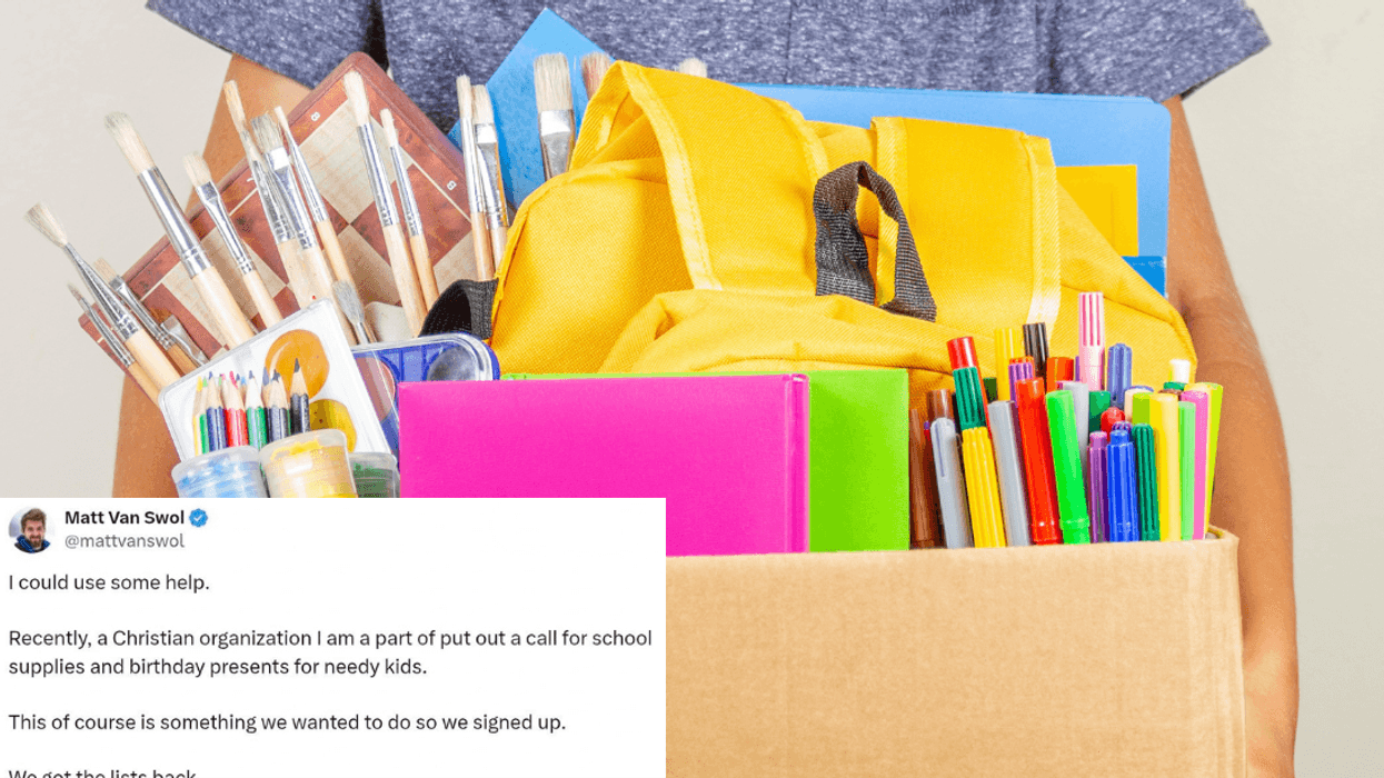 child holding box of school supplies and screenshot of tweet