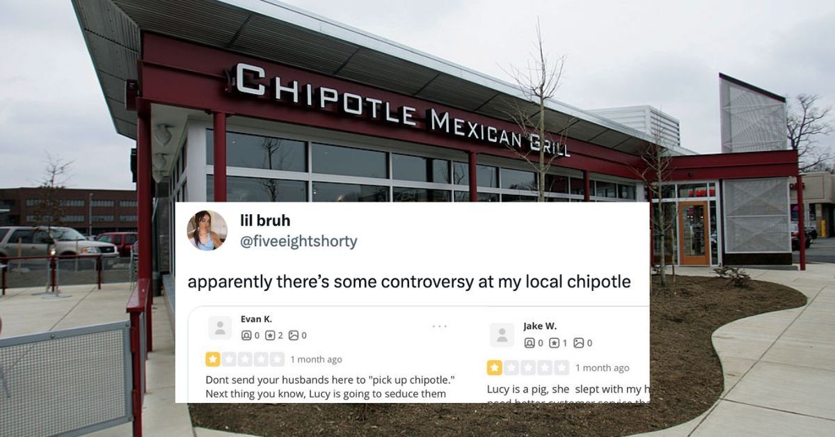 Chipotle restaurant with an overlaying tweet that reads: "apparently there's some controversy at my chipotle"