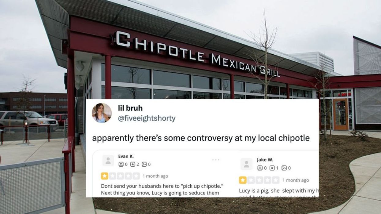 Chipotle restaurant with an overlaying tweet that reads: "apparently there's some controversy at my chipotle"
