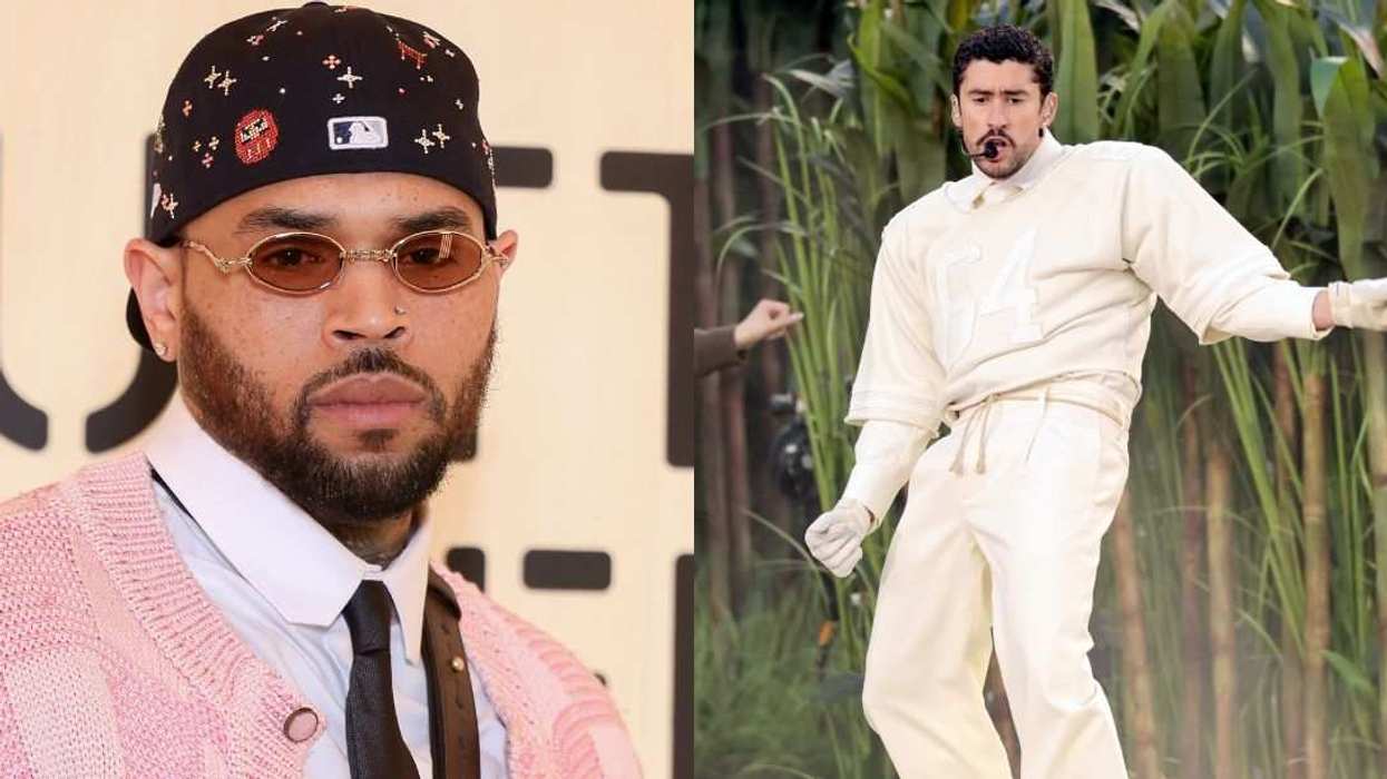 Chris Brown (left) and Bad Bunny (right) are pictured separately amid online backlash and praise following Bad Bunny’s record-breaking Super Bowl halftime performance.