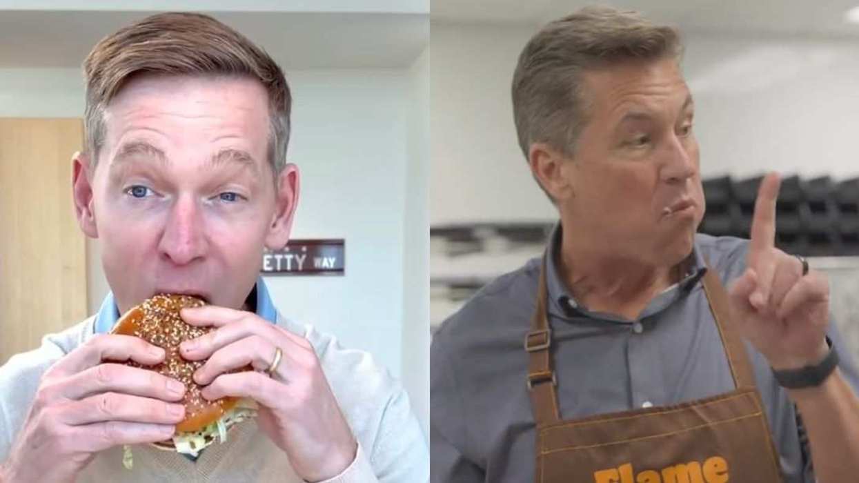 Chris Kempczinski (left), CEO of McDonald’s, taste-tests the chain’s new Big Arch burger while Tom Curtis (right), president of Burger King U.S. & Canada, takes a bite of a Whopper in the rival brand’s response video.