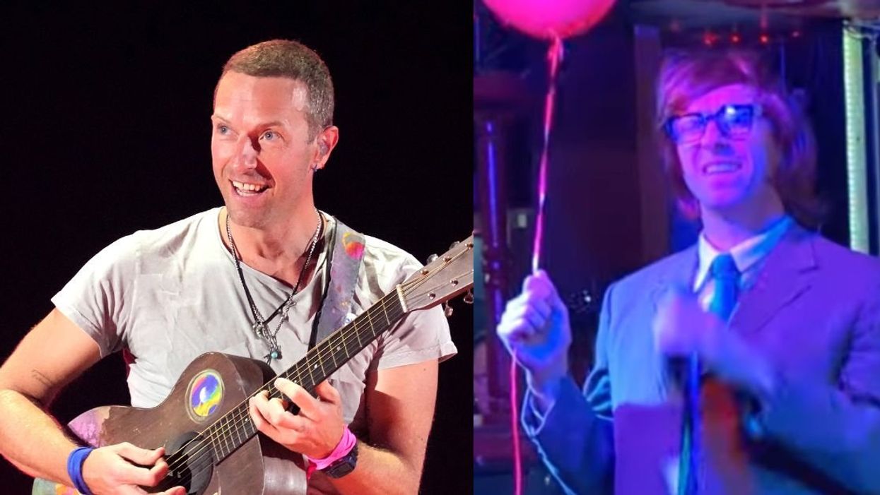 Chris Martin; Martin in disguise wearing wig and glasses