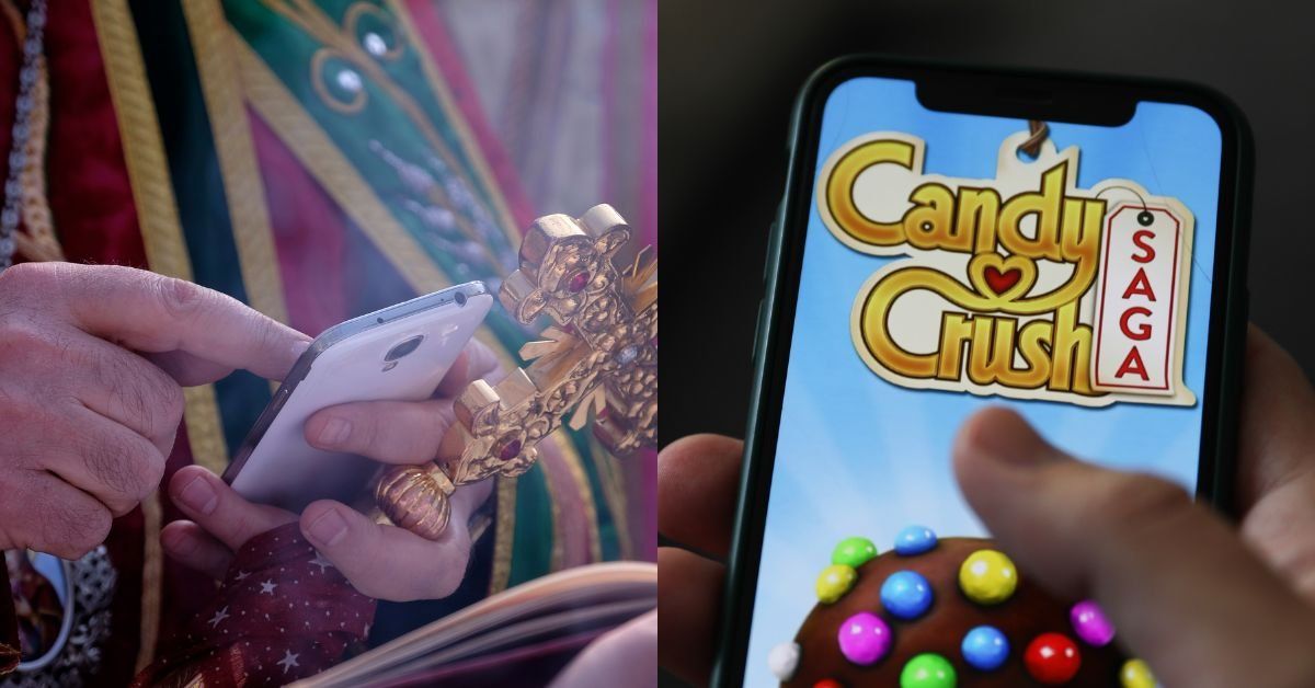 Cleric using a smartphone; Candy Crush logo on smartphone screen
