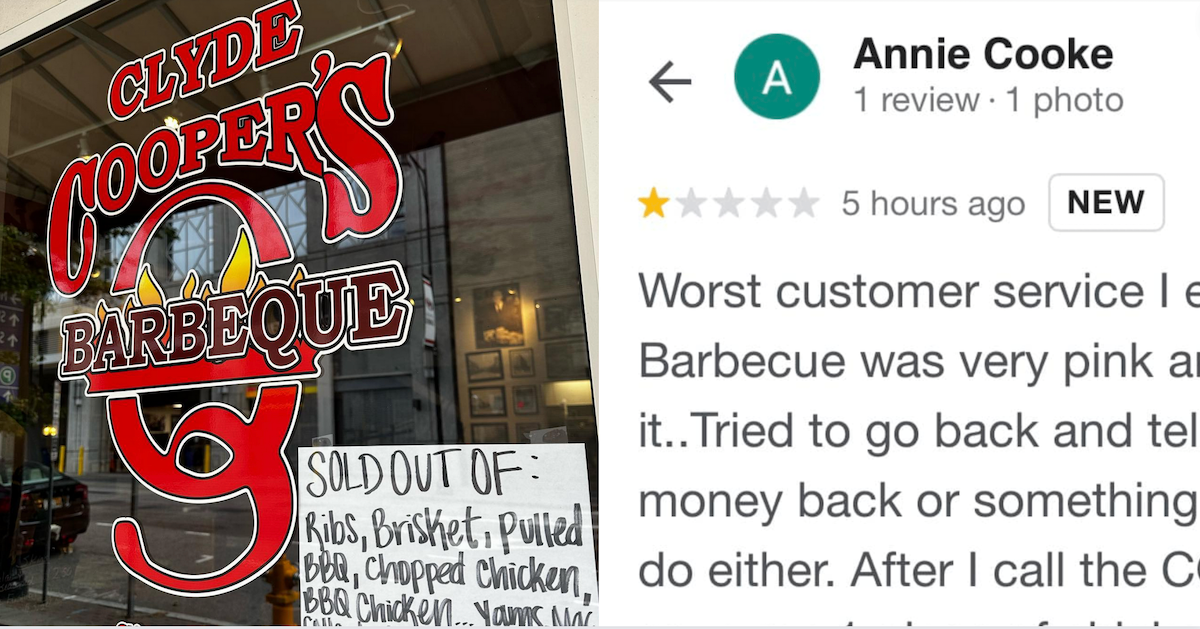Clyde Cooper's BBQ storefront; Screenshot of Annie Cooke's negative Yelp review